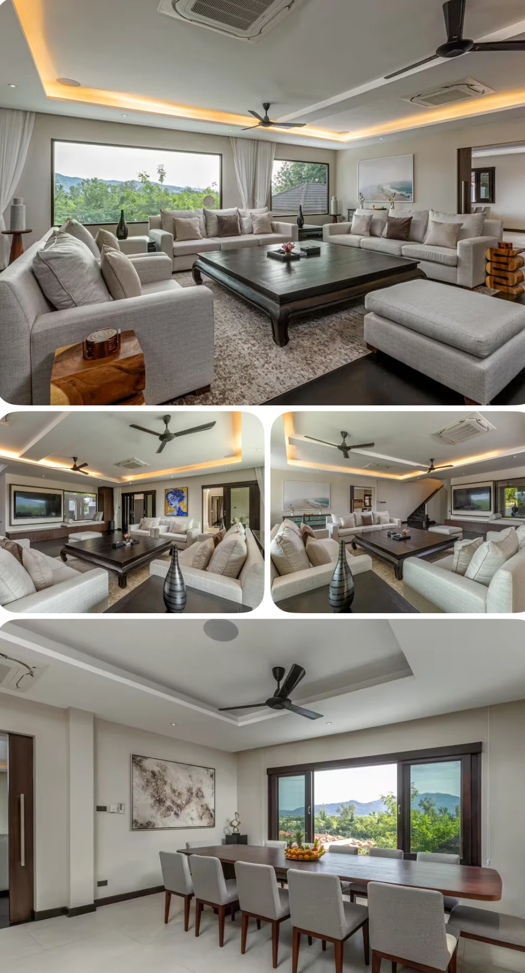 Villa living room with three large sofas, and a dining table for ten with mountain views