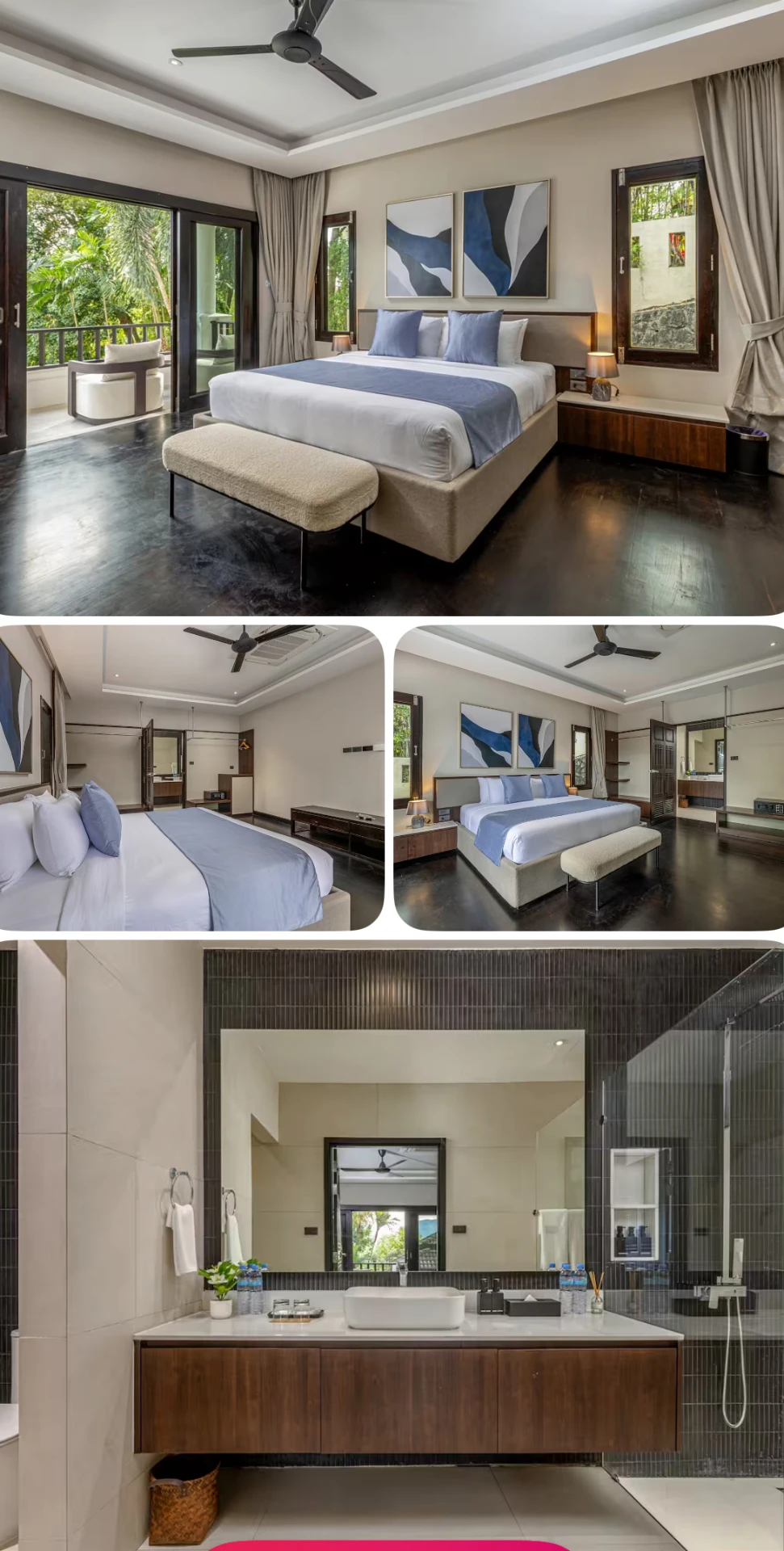 Villa bedrooms with king beds, jungle-facing balconies and en-suite bathrooms